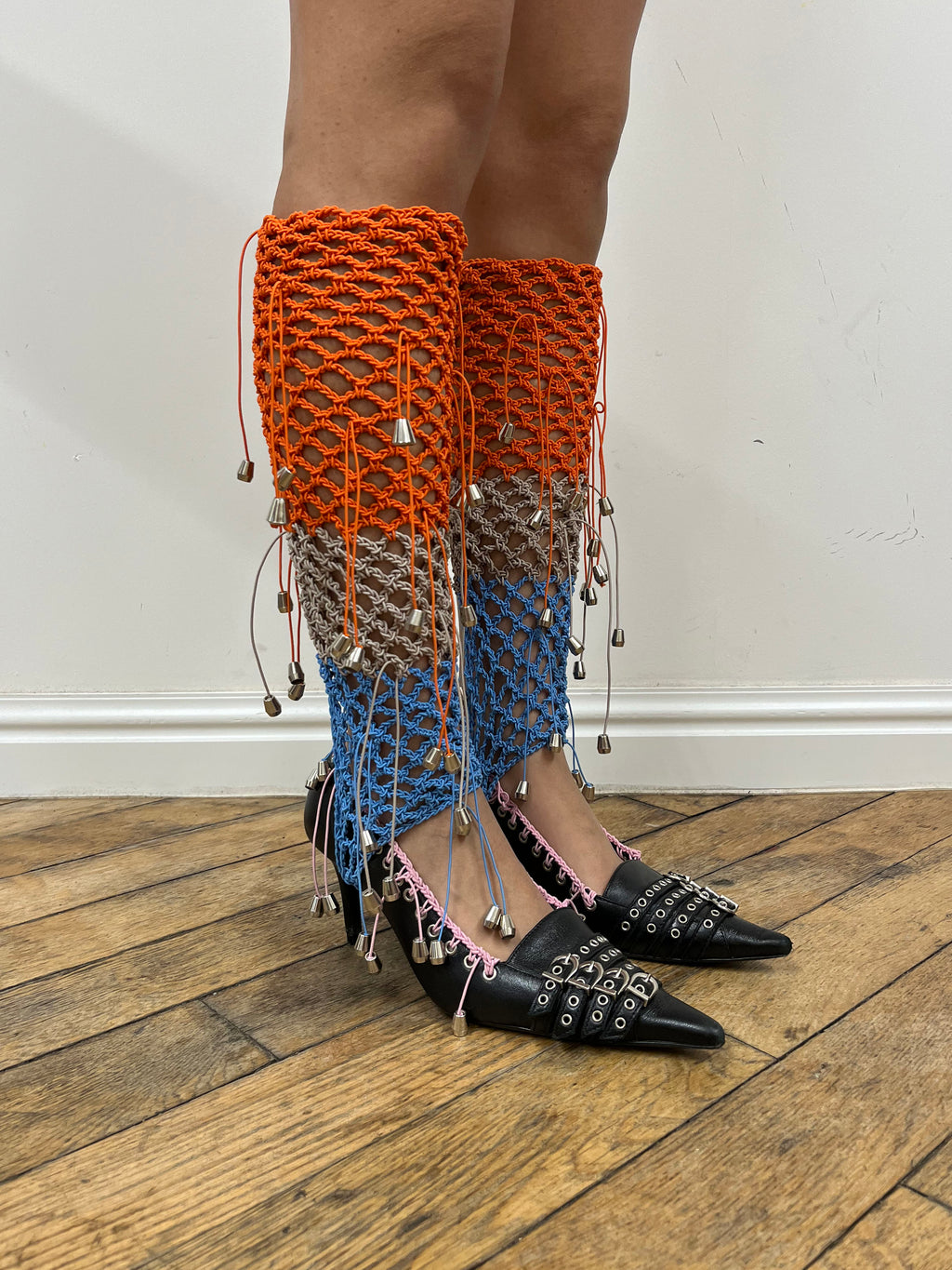 blue and orange crochet stirrups