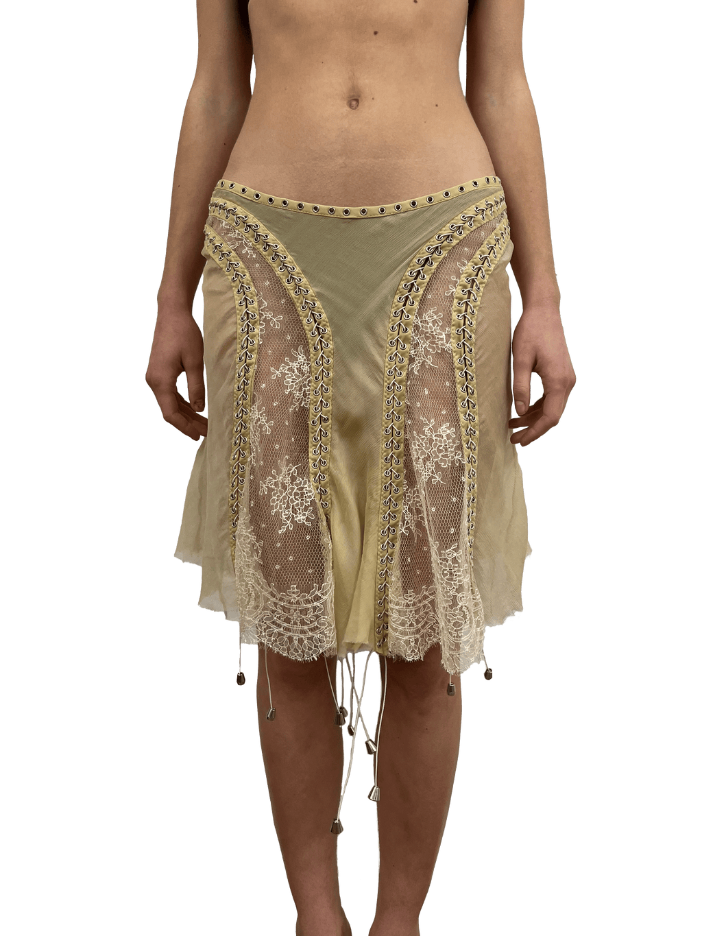 paseillo skirt in camel chiffon and chantilly lace