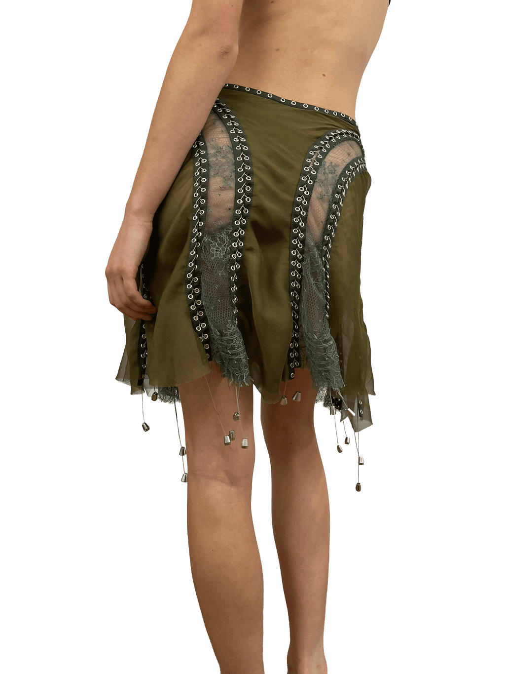 paseillo skirt in khaki chiffon and chantilly lace