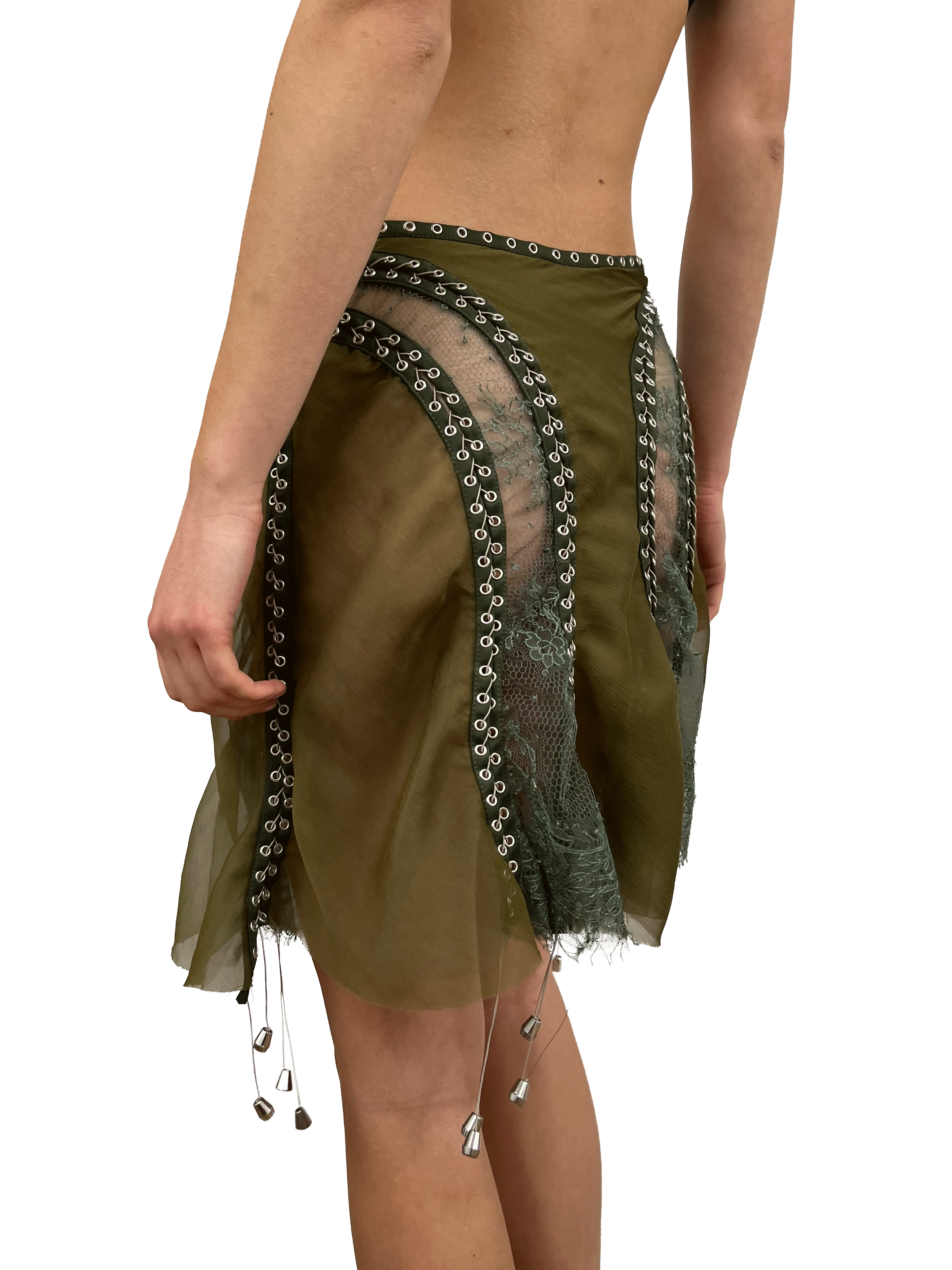 paseillo skirt in khaki chiffon and chantilly lace