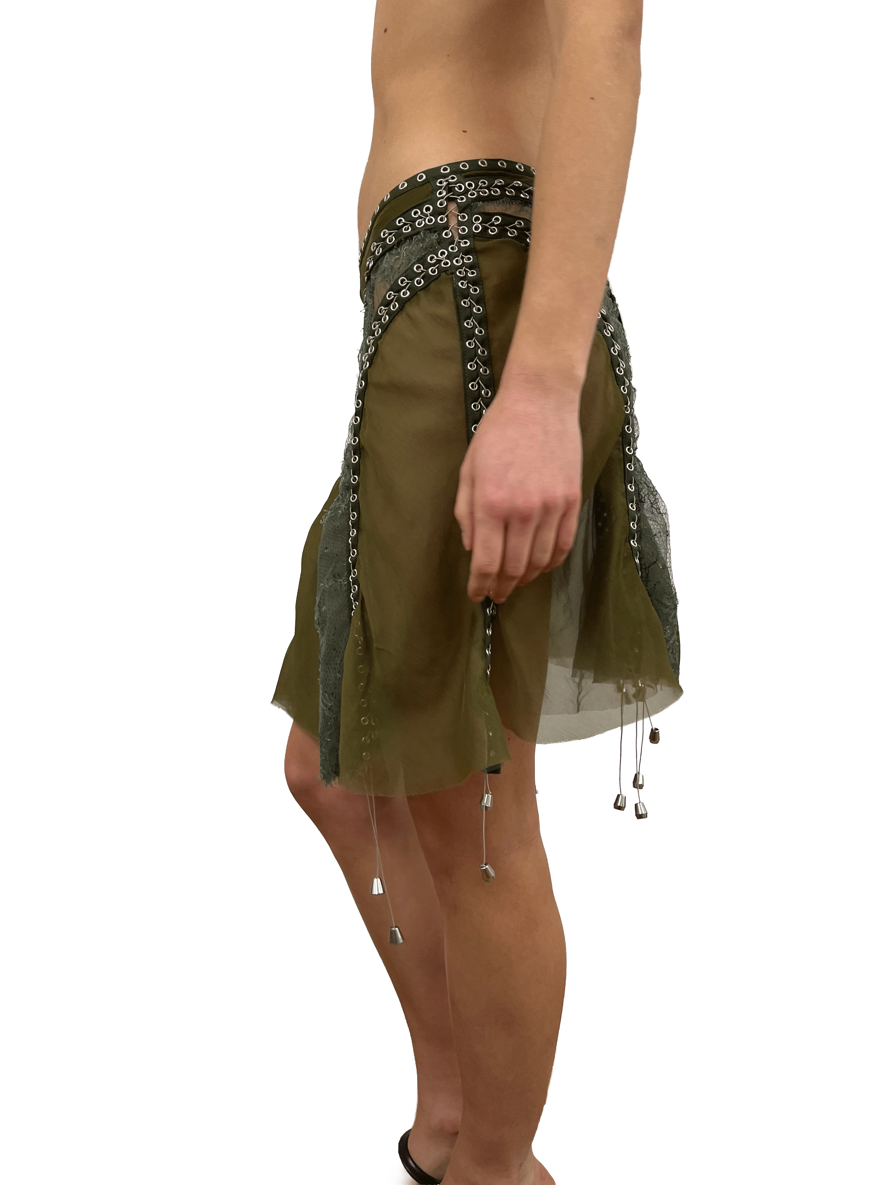 paseillo skirt in khaki chiffon and chantilly lace