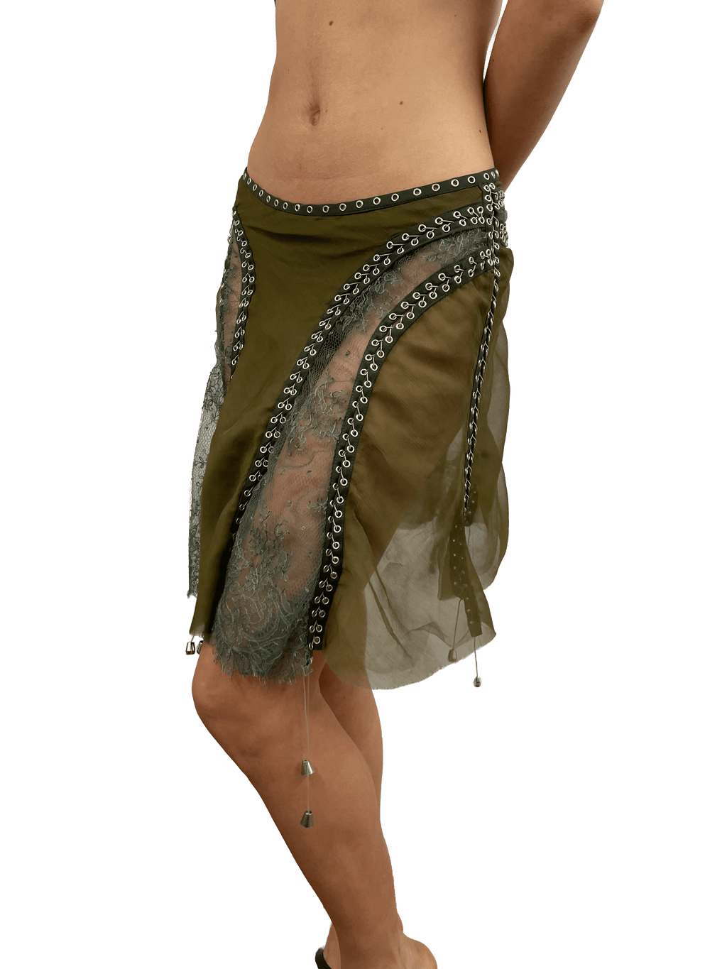 paseillo skirt in khaki chiffon and chantilly lace