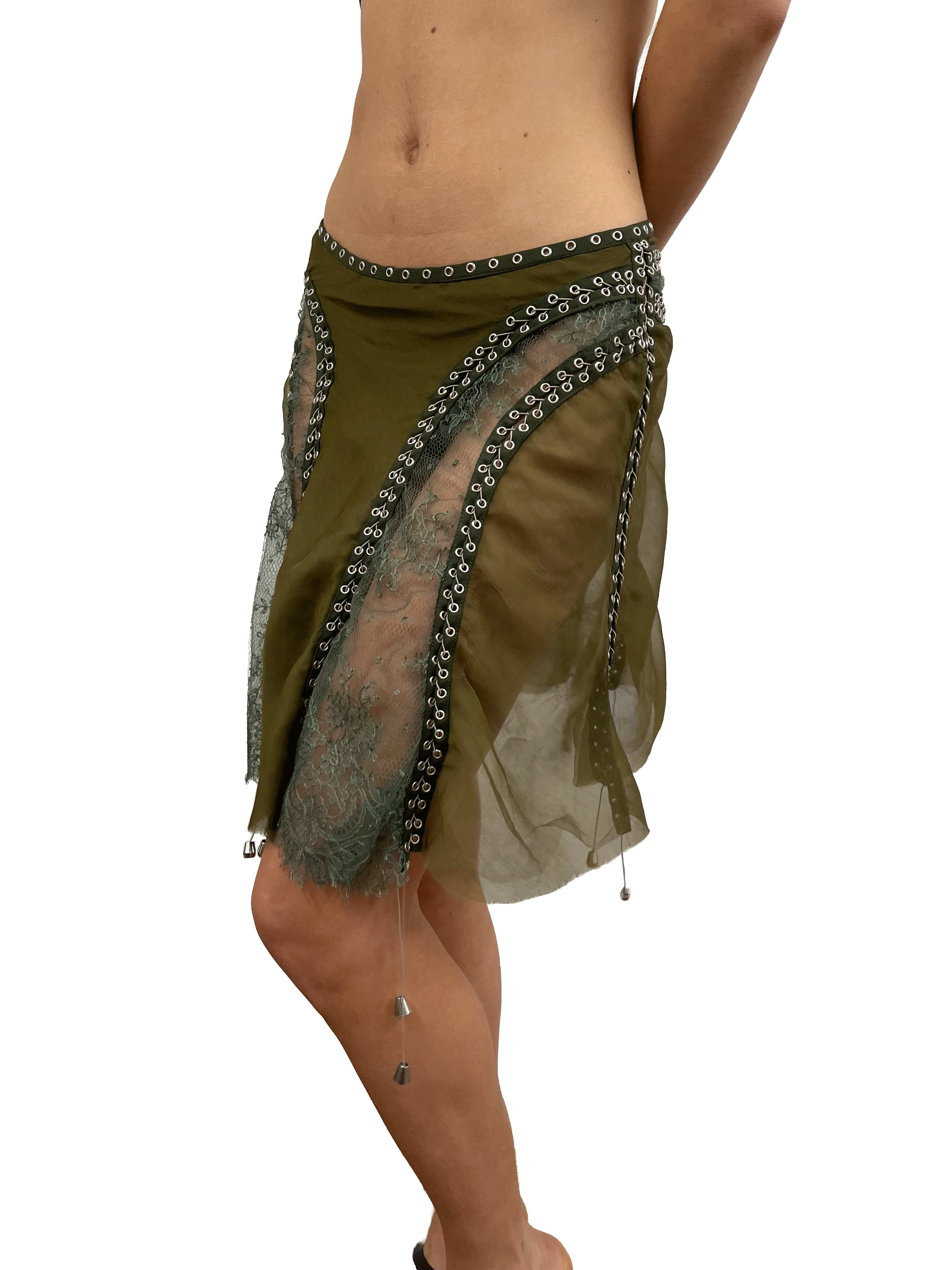 paseillo skirt in khaki chiffon and chantilly lace