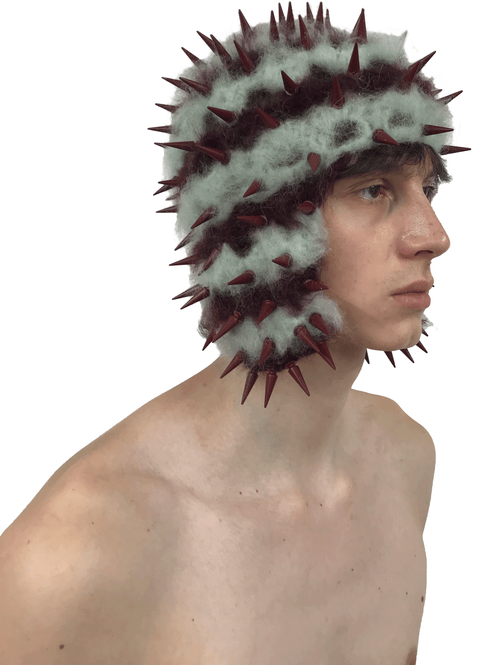 studded crochet headgear in technicolor mint and burgundy