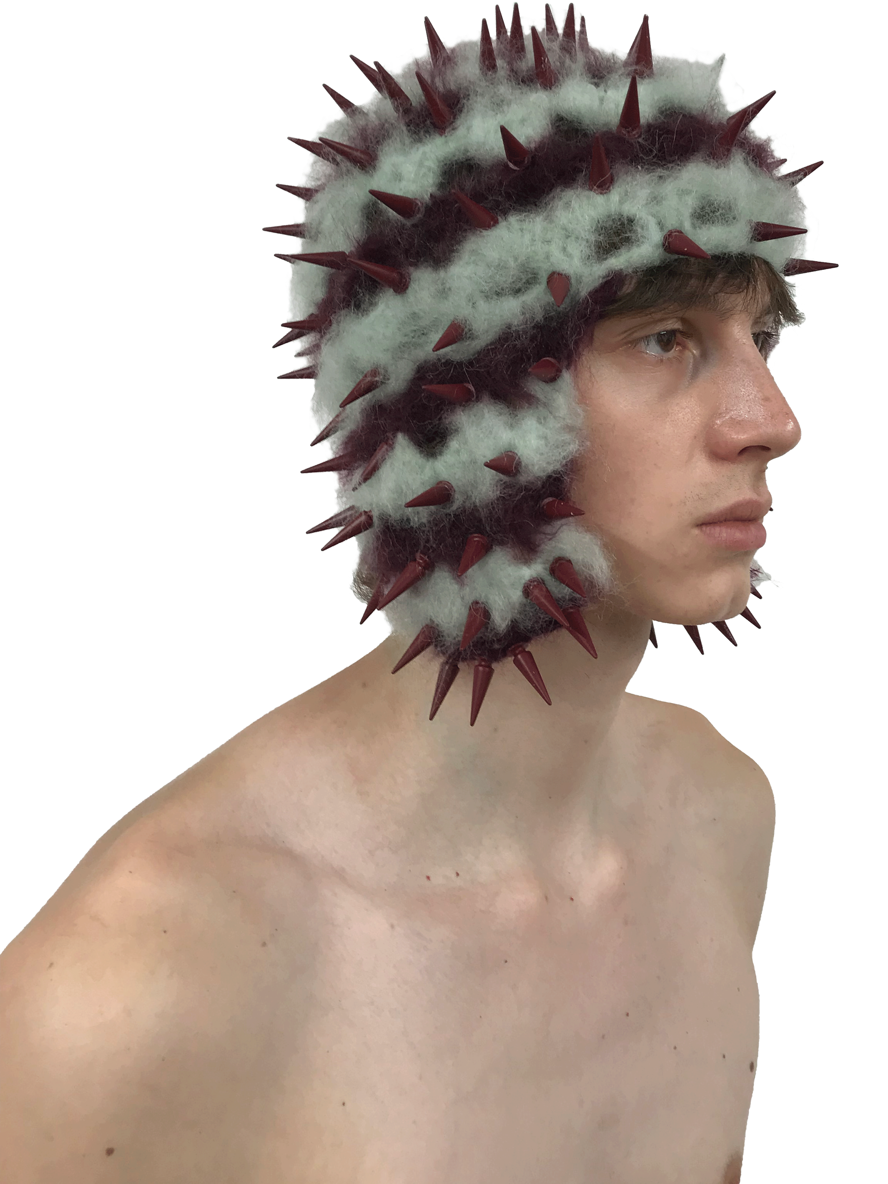 studded crochet headgear in technicolor mint and burgundy