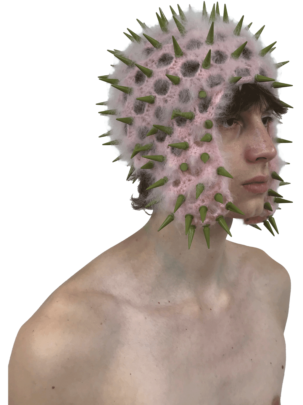 studded crochet headgear in technicolor pink and khaki