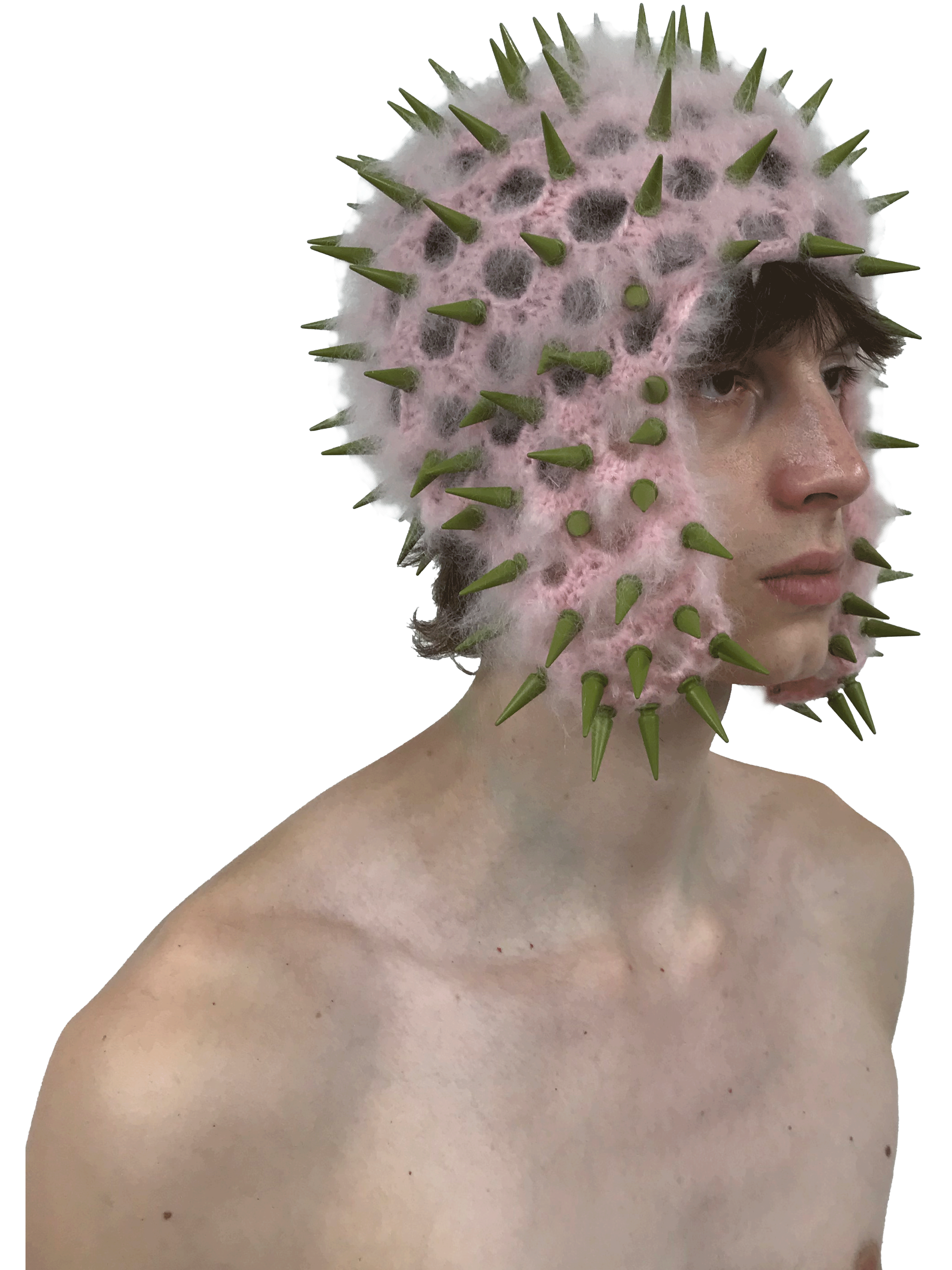 studded crochet headgear in technicolor pink and khaki