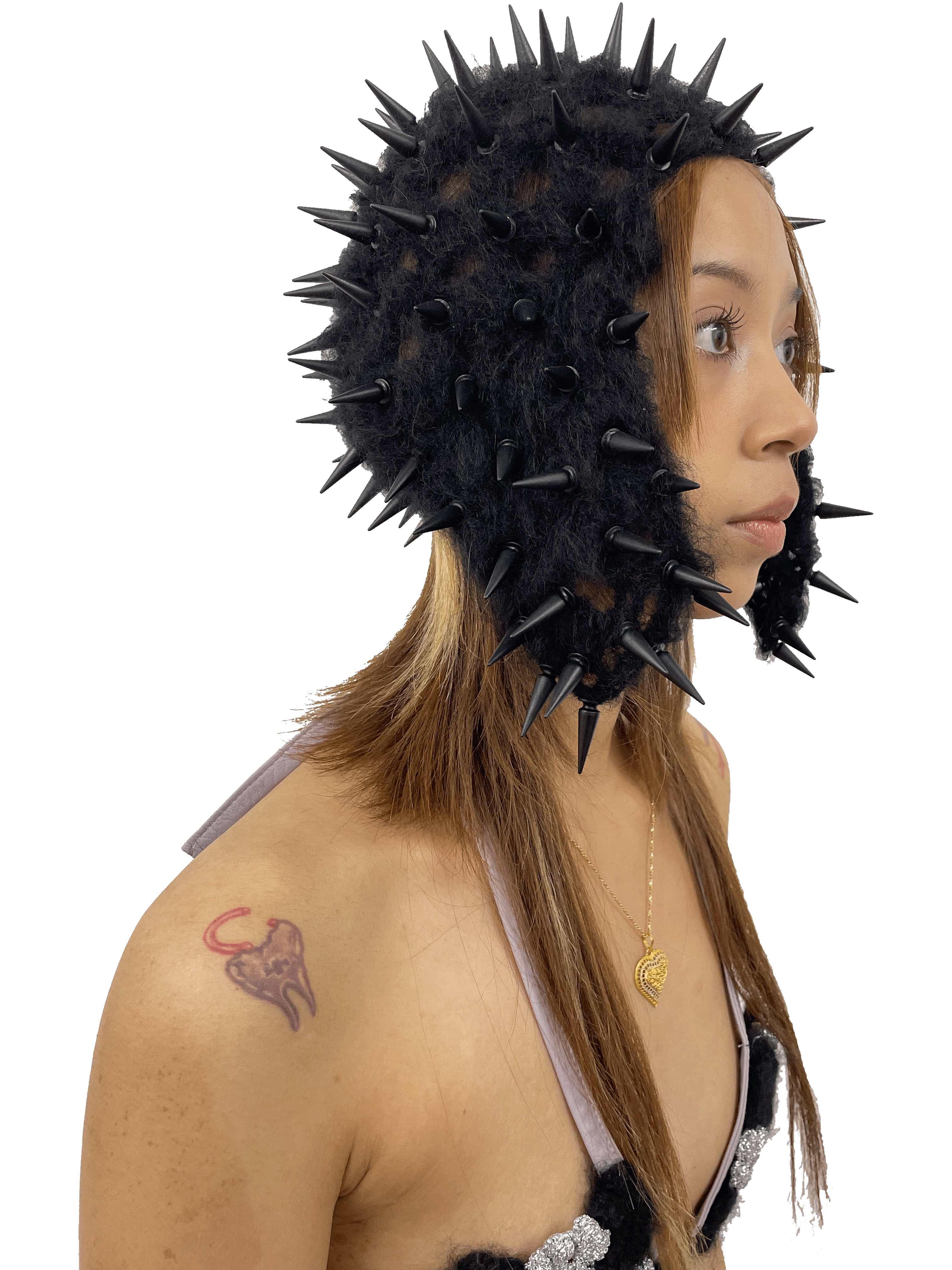 studded crochet headgear in technicolor black