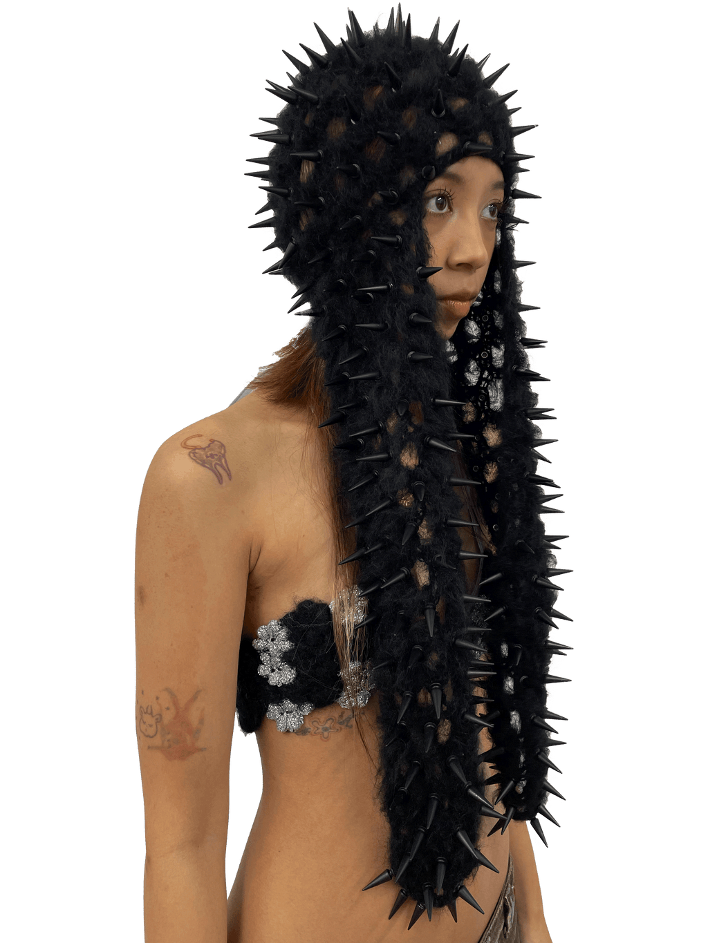 studded crochet headgear in technicolor long black