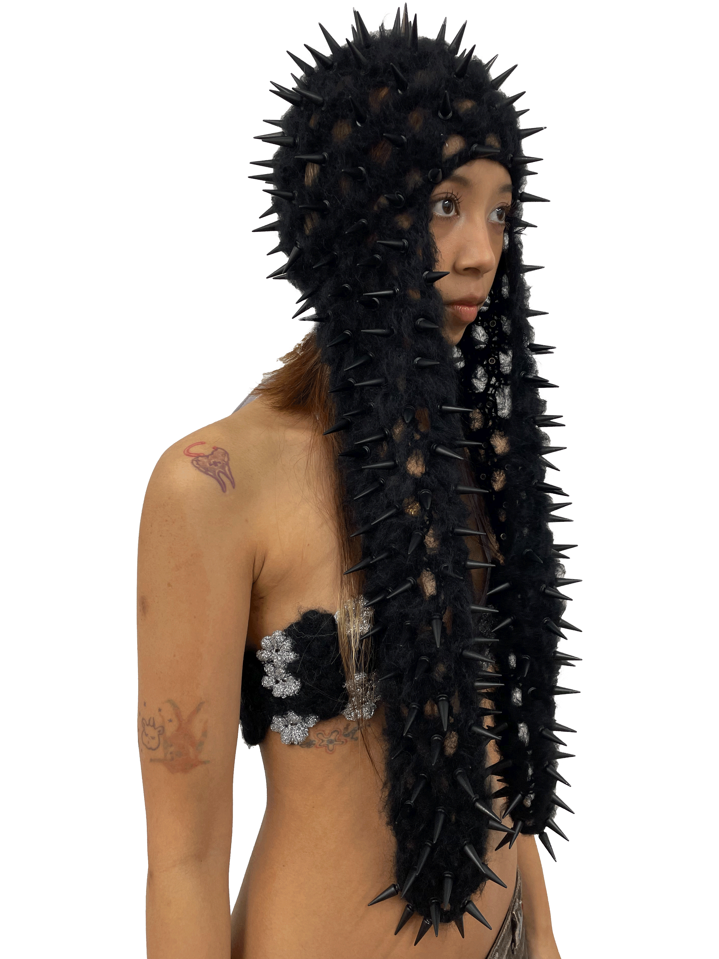 studded crochet headgear in technicolor long black